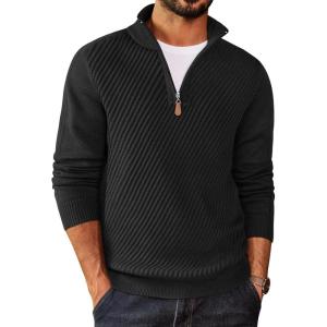 imageCOOFANDY Mens Quarter Zip Sweater Casual Slim Fit Pullovers Sweaters Knit Twill Texture PulloverAll Black