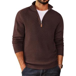 imageCOOFANDY Mens Quarter Zip Sweater Casual Slim Fit Pullovers Sweaters Knit Twill Texture PulloverCoffee