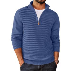 imageCOOFANDY Mens Quarter Zip Sweater Casual Slim Fit Pullovers Sweaters Knit Twill Texture PulloverDenim Blue