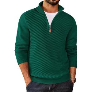 imageCOOFANDY Mens Quarter Zip Sweater Casual Slim Fit Pullovers Sweaters Knit Twill Texture PulloverGreen