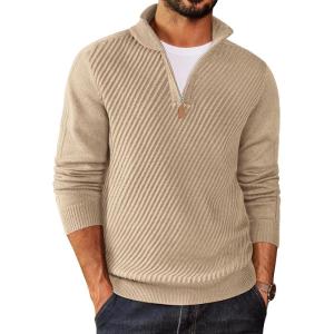 imageCOOFANDY Mens Quarter Zip Sweater Casual Slim Fit Pullovers Sweaters Knit Twill Texture PulloverLight Khaki