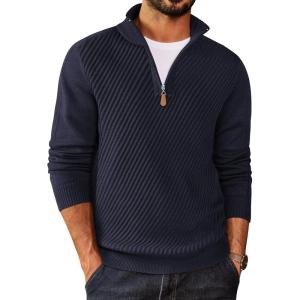 imageCOOFANDY Mens Quarter Zip Sweater Casual Slim Fit Pullovers Sweaters Knit Twill Texture PulloverNavy Blue