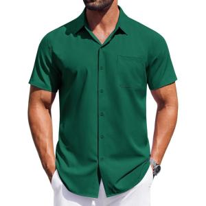 imageCOOFANDY Mens Short Sleeve Dress Shirts Button Down Shirts Regular Fit Business Casual Shirt with PocketDark Green