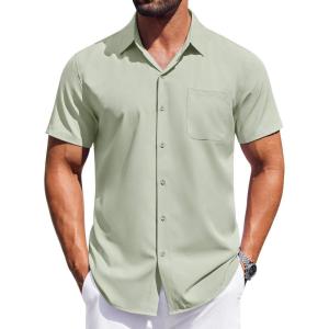 imageCOOFANDY Mens Short Sleeve Dress Shirts Button Down Shirts Regular Fit Business Casual Shirt with PocketLight Green