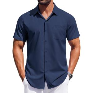 imageCOOFANDY Mens Short Sleeve Dress Shirts Button Down Shirts Regular Fit Business Casual Shirt with PocketNavy Blue