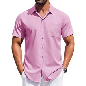imageCOOFANDY Mens Short Sleeve Dress Shirts Button Down Shirts Regular Fit Business Casual Shirt with PocketPink