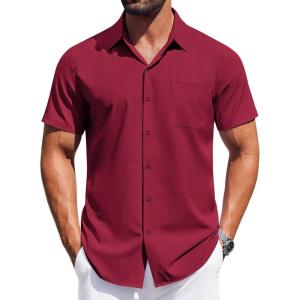 imageCOOFANDY Mens Short Sleeve Dress Shirts Button Down Shirts Regular Fit Business Casual Shirt with PocketWine Red