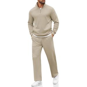 imageCOOFANDY Mens Sweatsuits 2 Piece Set Quarter Zip Pullover with Wide Leg Sweatpants Matching TracksuitBeige