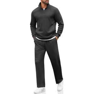 imageCOOFANDY Mens Sweatsuits 2 Piece Set Quarter Zip Pullover with Wide Leg Sweatpants Matching TracksuitDark Grey