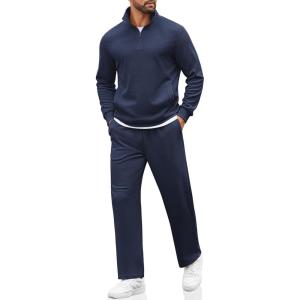 imageCOOFANDY Mens Sweatsuits 2 Piece Set Quarter Zip Pullover with Wide Leg Sweatpants Matching TracksuitNavy