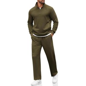 imageCOOFANDY Mens Sweatsuits 2 Piece Set Quarter Zip Pullover with Wide Leg Sweatpants Matching TracksuitOlive Green