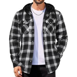 imageCOOFANDY Flannel Jacket for Men Quilted Lined Shacket Long Sleeve Button Down Hoodie Shirt JacketsBlack White Grey Plaid