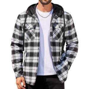 imageCOOFANDY Flannel Jacket for Men Quilted Lined Shacket Long Sleeve Button Down Hoodie Shirt JacketsBlack White PlaidBuffalo Check