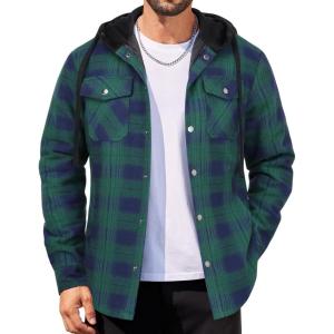imageCOOFANDY Flannel Jacket for Men Quilted Lined Shacket Long Sleeve Button Down Hoodie Shirt JacketsBlue Green PlaidTurquoise Plaid