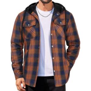 imageCOOFANDY Flannel Jacket for Men Quilted Lined Shacket Long Sleeve Button Down Hoodie Shirt JacketsNavy Brown Plaid