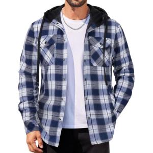 imageCOOFANDY Flannel Jacket for Men Quilted Lined Shacket Long Sleeve Button Down Hoodie Shirt JacketsNavy White Plaid