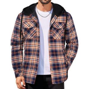 imageCOOFANDY Flannel Jacket for Men Quilted Lined Shacket Long Sleeve Button Down Hoodie Shirt JacketsOrange Navy Plaid