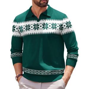 imageCOOFANDY Long Sleeve Polo Shirts for Men Knit Polo Sweater Lightweight Ribbed Pullover SweaterChristmas Green  White