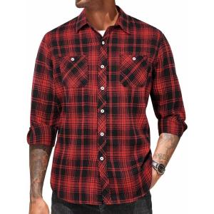 imageCOOFANDY Mens Flannel Plaid Shirts Long Sleeve Casual Button Down Shirt with PocketsRed Black Plaid