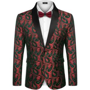 imageCOOFANDY Mens Floral Tuxedo Jacket Paisley Shawl Lapel Suit Blazer Jacket for DinnerPromWeddingChristmas Red Green