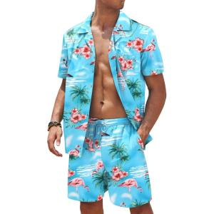 imageCOOFANDY Mens Hawaiian Shirt and Shorts Set 2 Piece Vacation Outfits Floral Button Down ShirtBlueflamingo