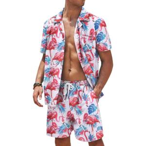 imageCOOFANDY Mens Hawaiian Shirt and Shorts Set 2 Piece Vacation Outfits Floral Button Down ShirtFlamingo