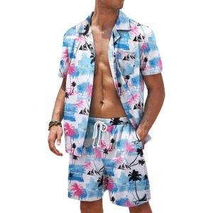 imageCOOFANDY Mens Hawaiian Shirt and Shorts Set 2 Piece Vacation Outfits Floral Button Down ShirtPalm Tree