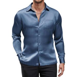 imageCOOFANDY Mens Luxury Satin Dress Shirt Shiny Silk Long Sleeve Button Up Shirts Wedding Shirt Party PromDark Blue Gray