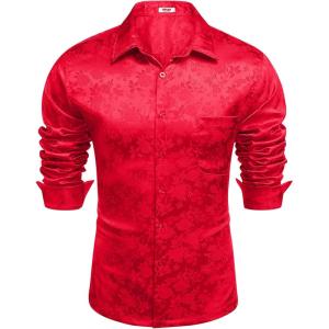imageCOOFANDY Mens Luxury Satin Dress Shirt Shiny Silk Long Sleeve Button Up Shirts Wedding Shirt Party PromForal  Red
