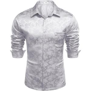 imageCOOFANDY Mens Luxury Satin Dress Shirt Shiny Silk Long Sleeve Button Up Shirts Wedding Shirt Party PromForal  Silver