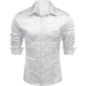 imageCOOFANDY Mens Luxury Satin Dress Shirt Shiny Silk Long Sleeve Button Up Shirts Wedding Shirt Party PromForal  White
