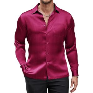 imageCOOFANDY Mens Luxury Satin Dress Shirt Shiny Silk Long Sleeve Button Up Shirts Wedding Shirt Party PromWine Red