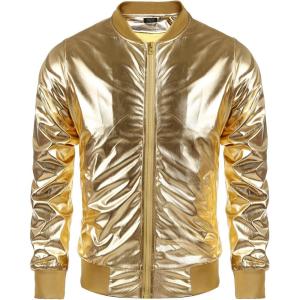 imageCOOFANDY Mens Metallic Jacket 70s Disco Dance Party Costume Shiny Varsity Zipper Baseball Bomber Jacket01gold