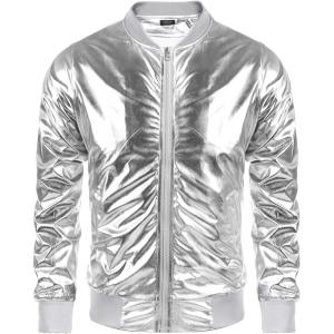 imageCOOFANDY Mens Metallic Jacket 70s Disco Dance Party Costume Shiny Varsity Zipper Baseball Bomber Jacket02silver