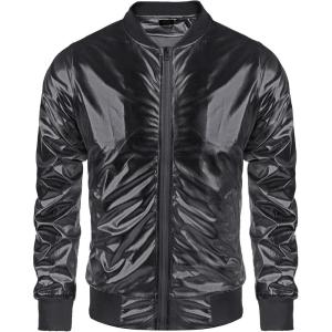 imageCOOFANDY Mens Metallic Jacket 70s Disco Dance Party Costume Shiny Varsity Zipper Baseball Bomber JacketBlack