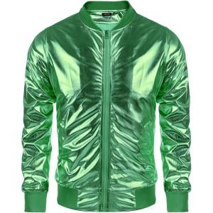 imageCOOFANDY Mens Metallic Jacket 70s Disco Dance Party Costume Shiny Varsity Zipper Baseball Bomber JacketGreen