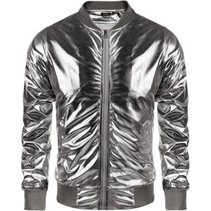 imageCOOFANDY Mens Metallic Jacket 70s Disco Dance Party Costume Shiny Varsity Zipper Baseball Bomber JacketLuxurious Grey