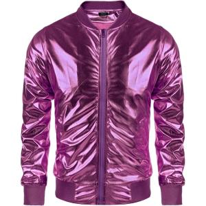 imageCOOFANDY Mens Metallic Jacket 70s Disco Dance Party Costume Shiny Varsity Zipper Baseball Bomber JacketLuxurious Purple