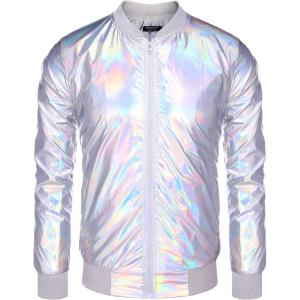 imageCOOFANDY Mens Metallic Jacket 70s Disco Dance Party Costume Shiny Varsity Zipper Baseball Bomber JacketMulticolored