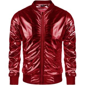 imageCOOFANDY Mens Metallic Jacket 70s Disco Dance Party Costume Shiny Varsity Zipper Baseball Bomber JacketRed