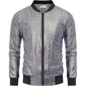 imageCOOFANDY Mens Metallic Jacket 70s Disco Dance Party Costume Shiny Varsity Zipper Baseball Bomber JacketSequined Laser Silver