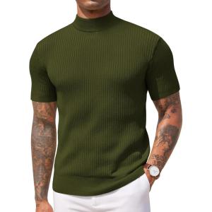 imageCOOFANDY Mens Mock Turtleneck Sweater Short Sleeve Casual Basic Tops Ribbed Knit Pullover Solid TeeArmy Green