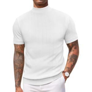 imageCOOFANDY Mens Mock Turtleneck Sweater Short Sleeve Casual Basic Tops Ribbed Knit Pullover Solid TeePat2 Striped White