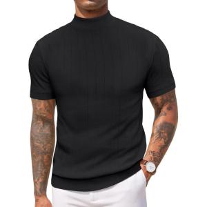 imageCOOFANDY Mens Mock Turtleneck Sweater Short Sleeve Casual Basic Tops Ribbed Knit Pullover Solid TeePat3 Striped Black