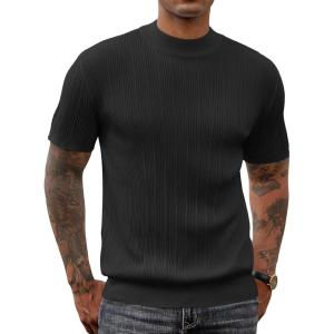 imageCOOFANDY Mens Mock Turtleneck Sweater Short Sleeve Casual Basic Tops Ribbed Knit Pullover Solid TeePat4 Black Striped