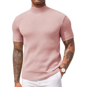 imageCOOFANDY Mens Mock Turtleneck Sweater Short Sleeve Casual Basic Tops Ribbed Knit Pullover Solid TeePink