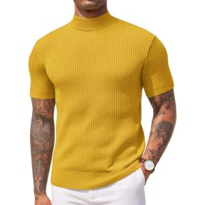 imageCOOFANDY Mens Mock Turtleneck Sweater Short Sleeve Casual Basic Tops Ribbed Knit Pullover Solid TeeYellow