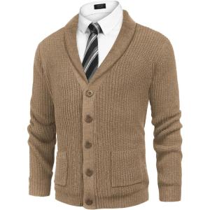 imageCOOFANDY Mens Shawl Collar Cardigan Sweater Slim Fit Cable Knit Button up Sweater with PocketsCamel