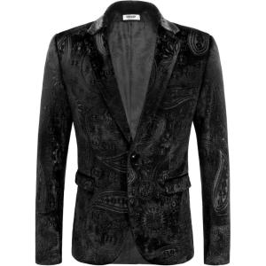 imageCOOFANDY Mens Velvet Blazer Notched Lapel Velour Suit Jacket One Button Tuxedo Jackets for Wedding Prom Party DinnerBlack Paisley