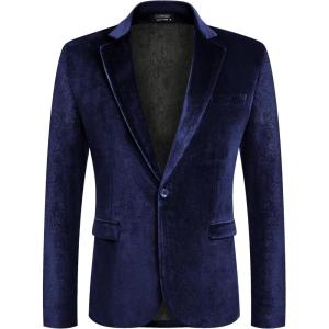 imageCOOFANDY Mens Velvet Blazer Notched Lapel Velour Suit Jacket One Button Tuxedo Jackets for Wedding Prom Party DinnerDark Blue Purple